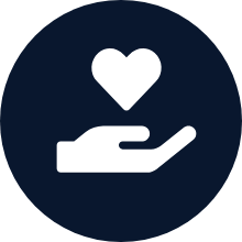 dark blue icon of a heart in a hand